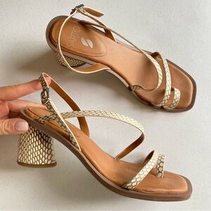Franco Sarto Cream Snake-Print Strappy Mid Block Heel Sandals